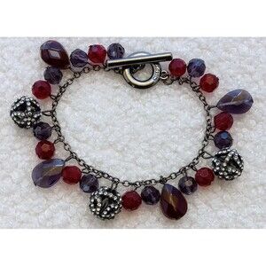 Chaps Ruby Red & Purple Glass Bead Dangle Bracelet 7 in Gunmetal Toggle Clasp